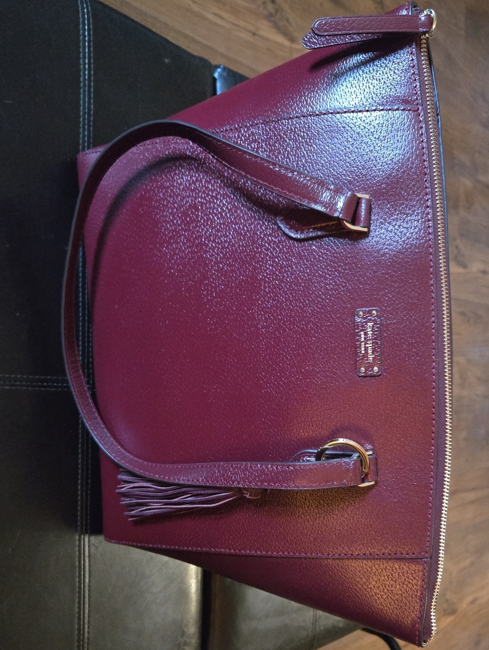 kate spade Burgundy Pebbled Leather Tote with Tassel